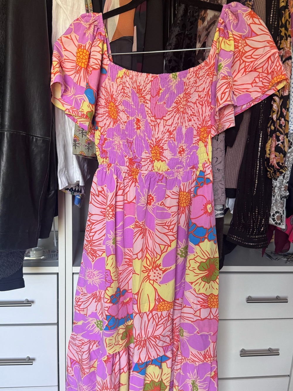 PINCH Summer Bloom Floral Pink Purple Smocked Midi Dress